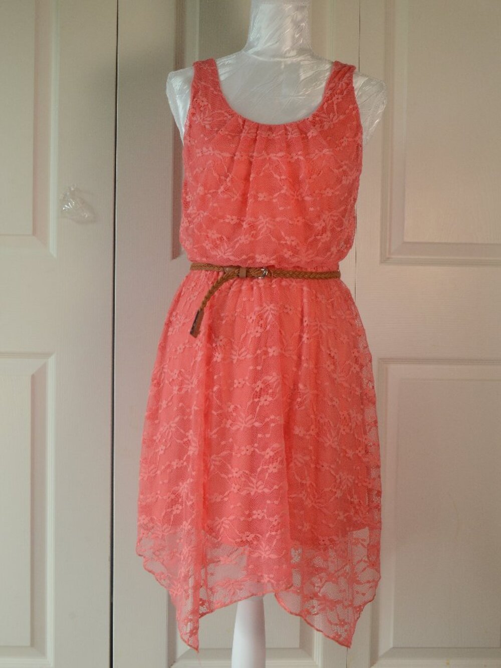 Alya Coral Lace Belted Handkerchief Hem Dress Sleeveless Boho Cottagecore S